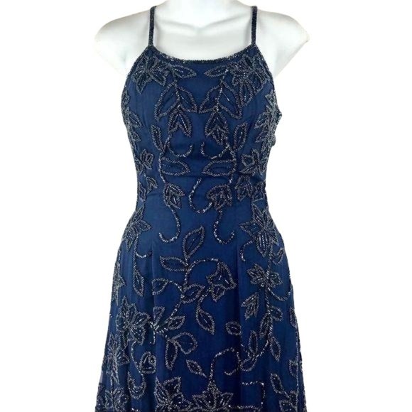 Vintage 100% Silk Navy blue beaded evening gown. Size Small. - Picture 3 of 7